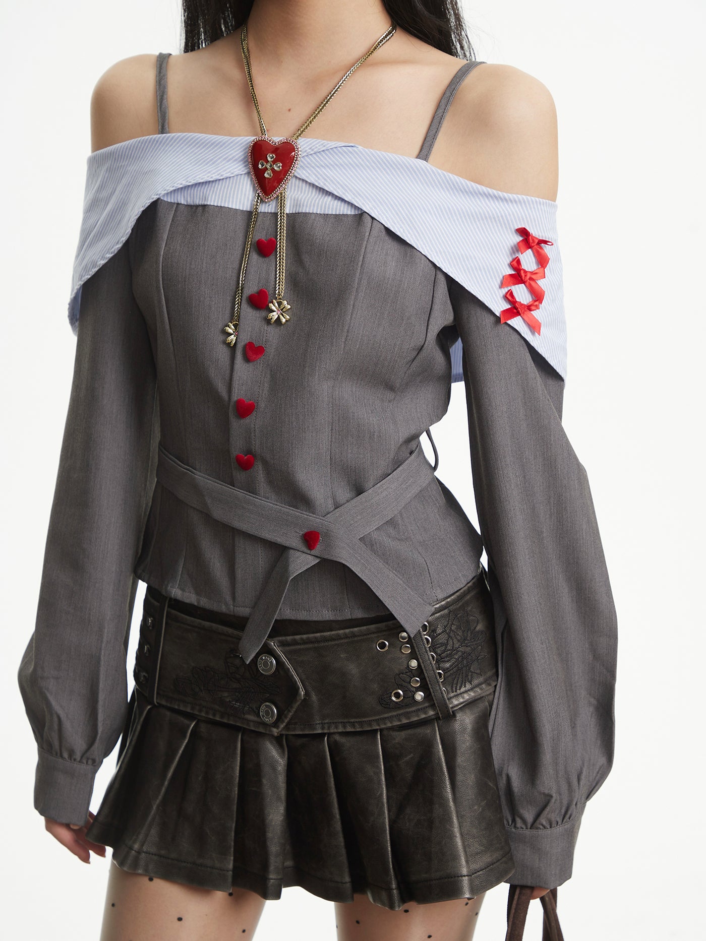 Off-Shoulder Heart Button Long-Sleeved Shirt UNC0318