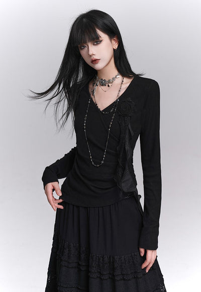 Stylish Rose Black Long-Sleeved Top LAD0236