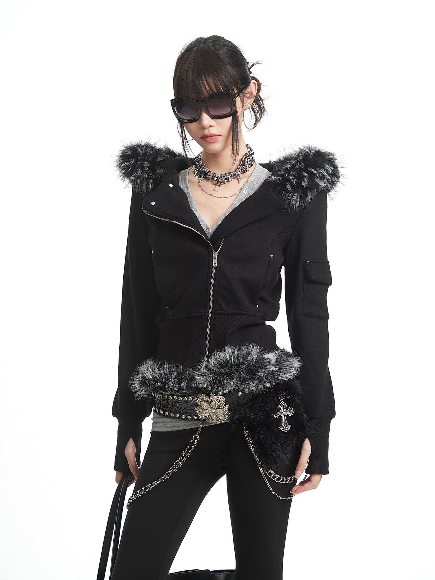 Black Fur-Collar Hooded Sweatshirt Short Jacket UNC0325