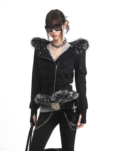 Black Fur-Collar Hooded Sweatshirt Short Jacket UNC0325
