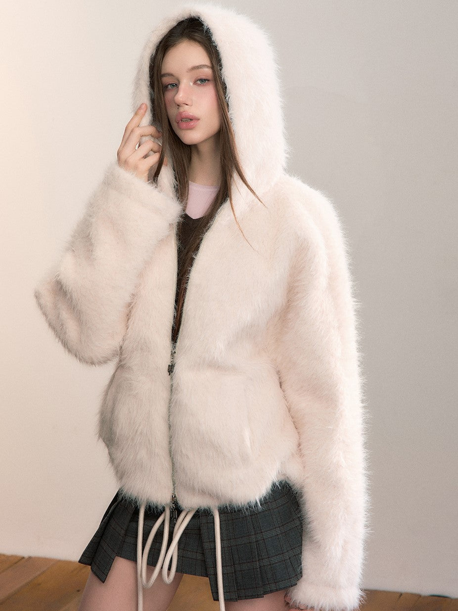 Fluffy Hooded Loose-fitting Plush Coat VIA0349
