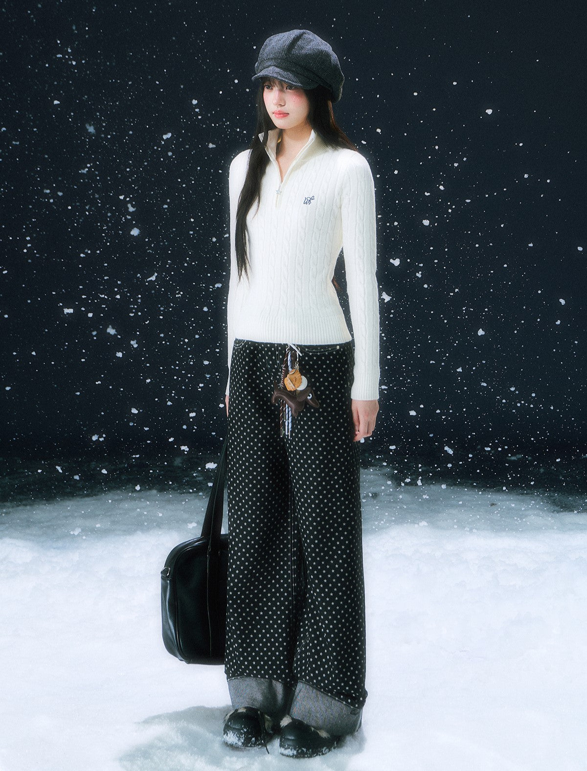 White Half-zip Cable Knit Sweater WEE0109