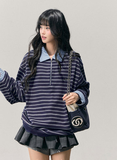 Blue Faux Two-Piece Striped T-Shirt DIA0710