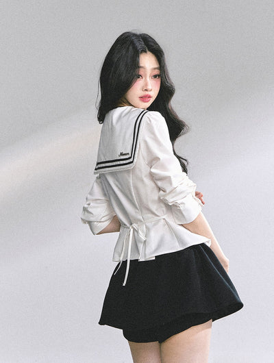 Lace Bow Navy Collar Shirt DIA0554