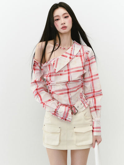 Off-shoulder Belt Plaid Shirt VIA0266