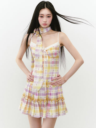 Plaid Sling Stitching Dress/Ribbon VIA0233