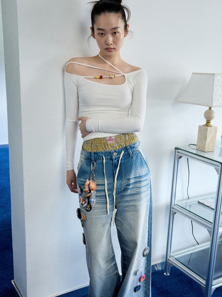 One-shoulder Beaded Strap T-shirt JIN0035