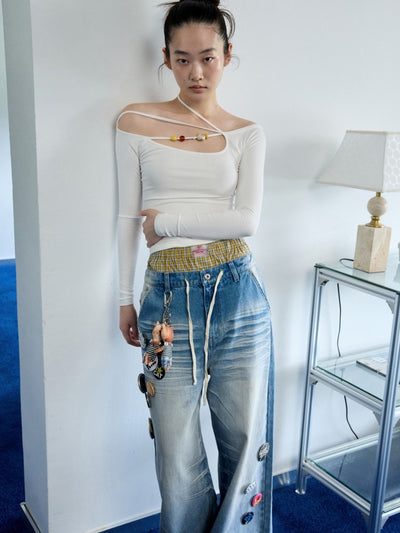 One-shoulder Beaded Strap T-shirt JIN0035