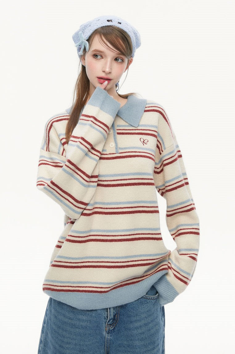 Retro Polo Collar Striped Sweater SPE0075