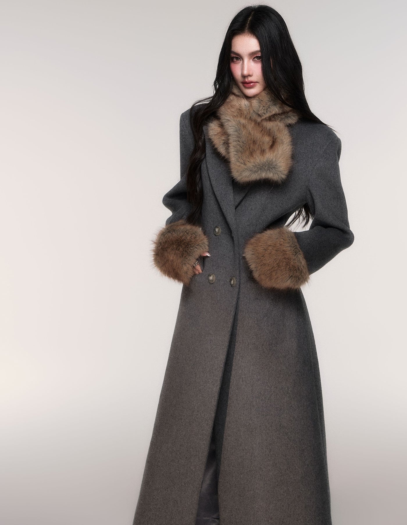 Grey Detachable Scarf Long Coat LUL0207