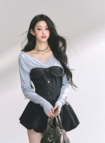 V-neck Cropped Denim T-shirt DIA0539