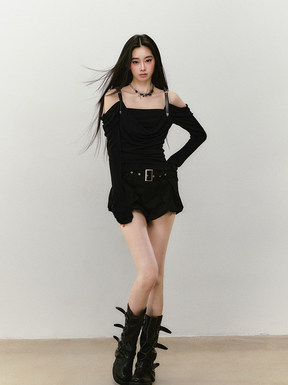 Leather Shoulder Strap Long-sleeved T-shirt VIA0336