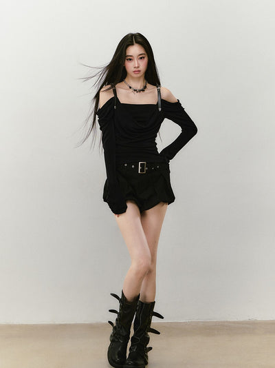 Leather Shoulder Strap Long-sleeved T-shirt VIA0336
