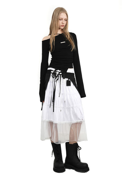 Black Irregular Pockets Outer Skirt ANY0087