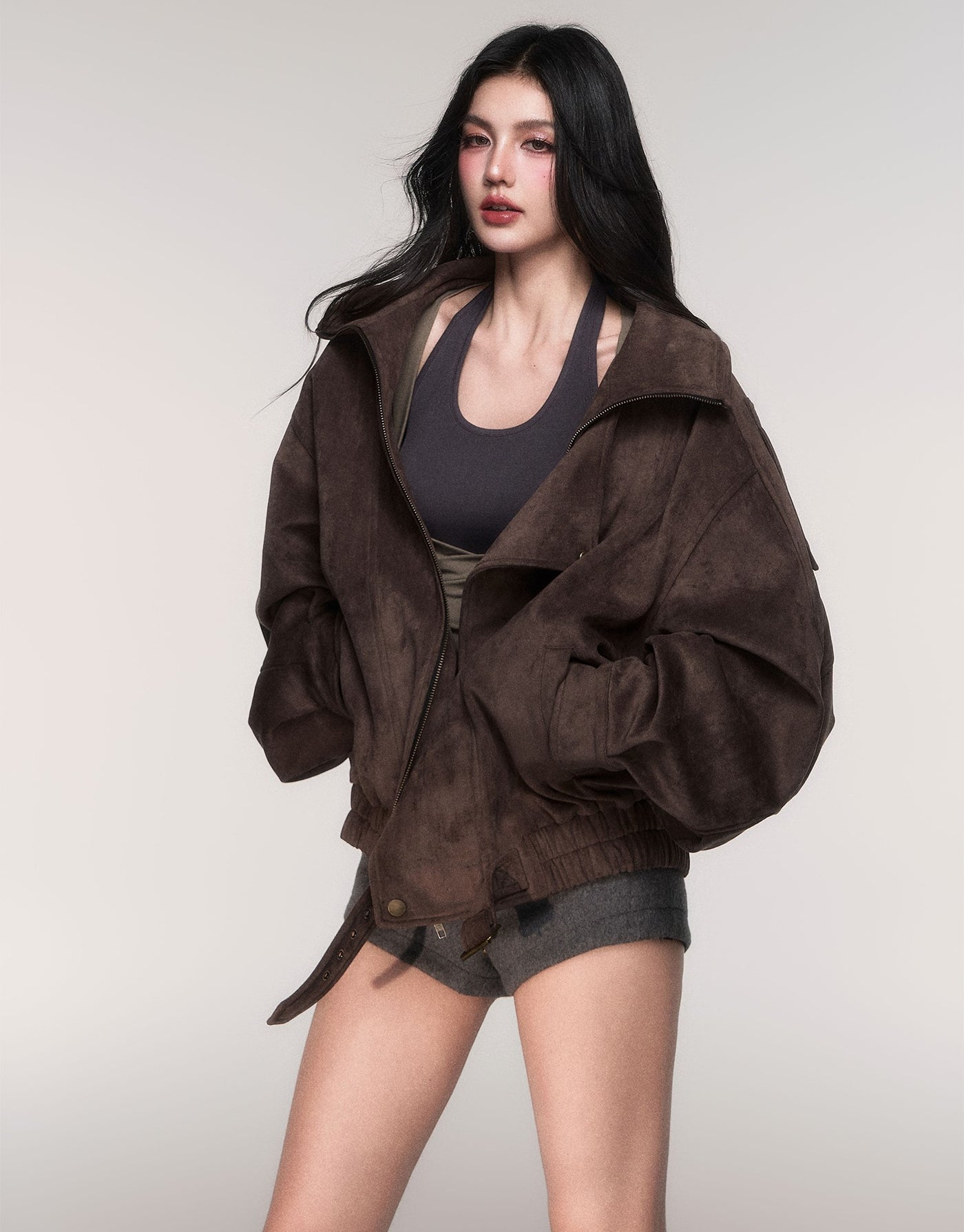 Oversized Camel Brown Suede Jacket LUL0201