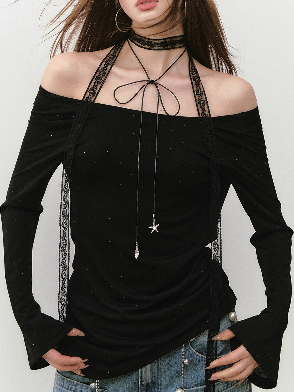 One-shoulder Backless Beaded T-shirt VIA0281