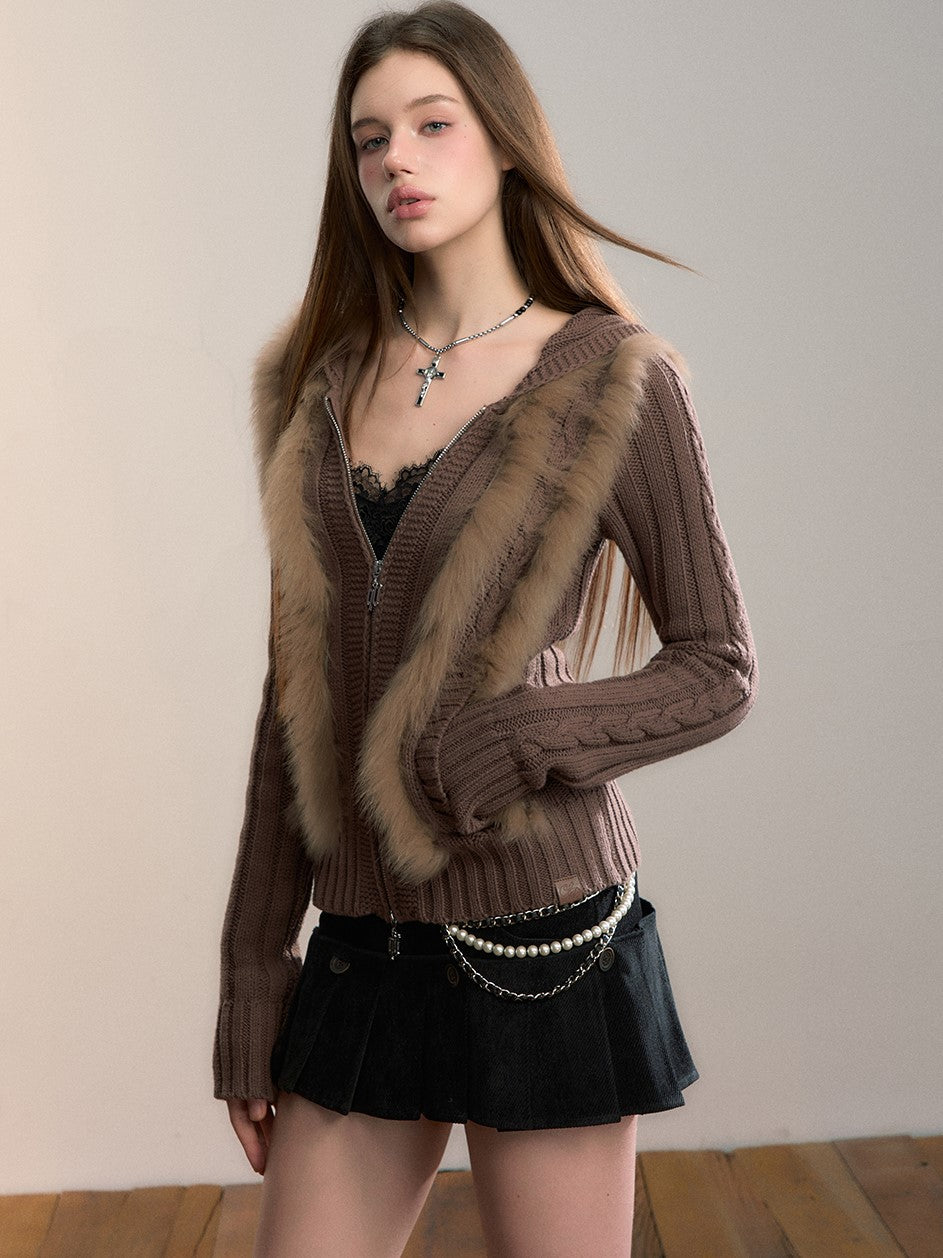 Fur Patchwork Knitted Hooded Cardigan VIA0356