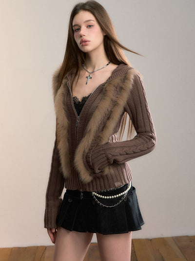 Fur Patchwork Knitted Hooded Cardigan VIA0356