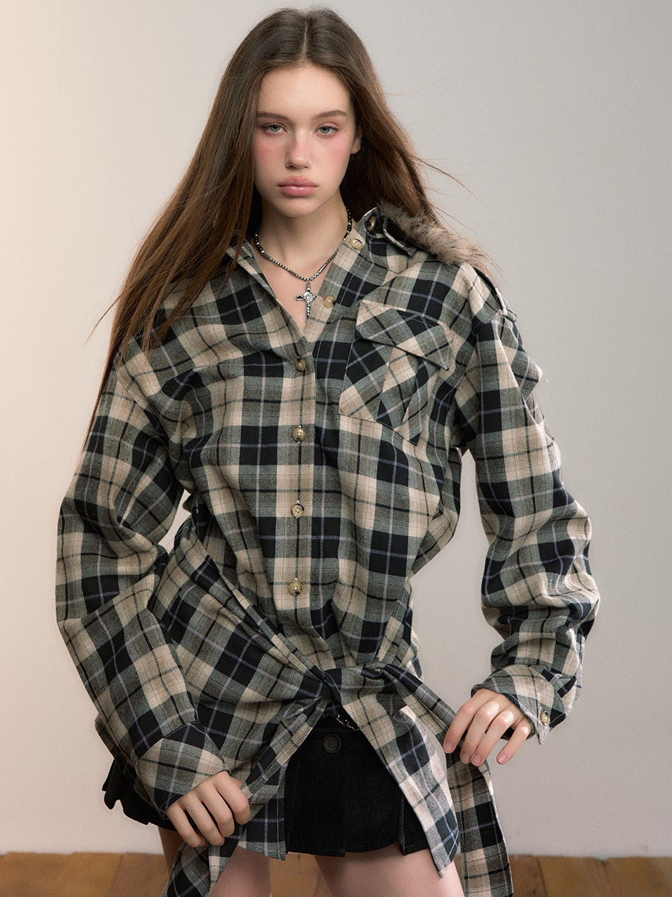 Detachable Fur Collar Plaid Shirt VIA0345