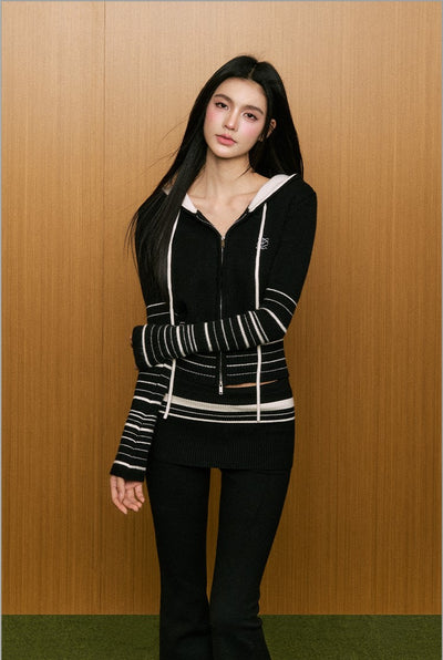 Striped Hooded Sweater Knitted Jacket/Slightly Flared Slim Fit Pants AGM0088