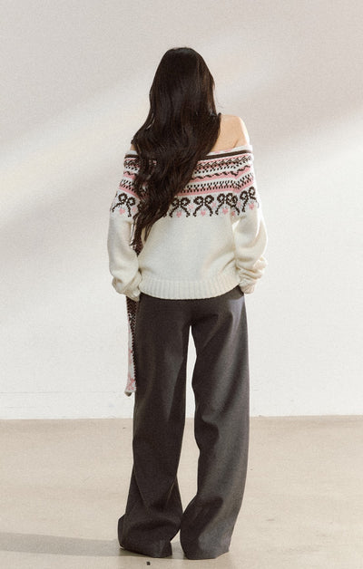White Off-shoulder Jacquard Sweater SHI0219