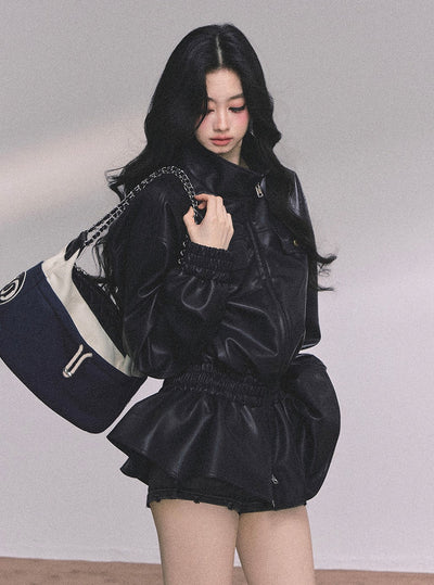 Stand Collar Black Leather Jacket DIA0603