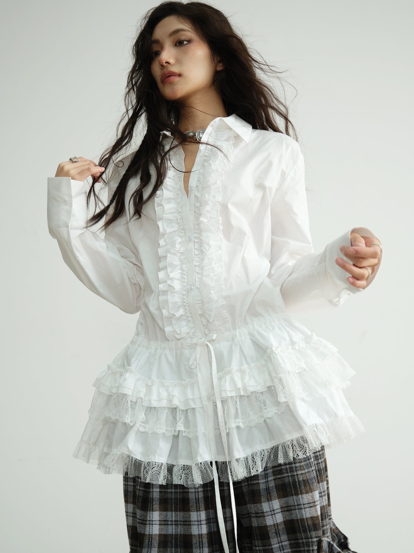 High-Intelligence Pure White Lace Long Shirt JNY0198