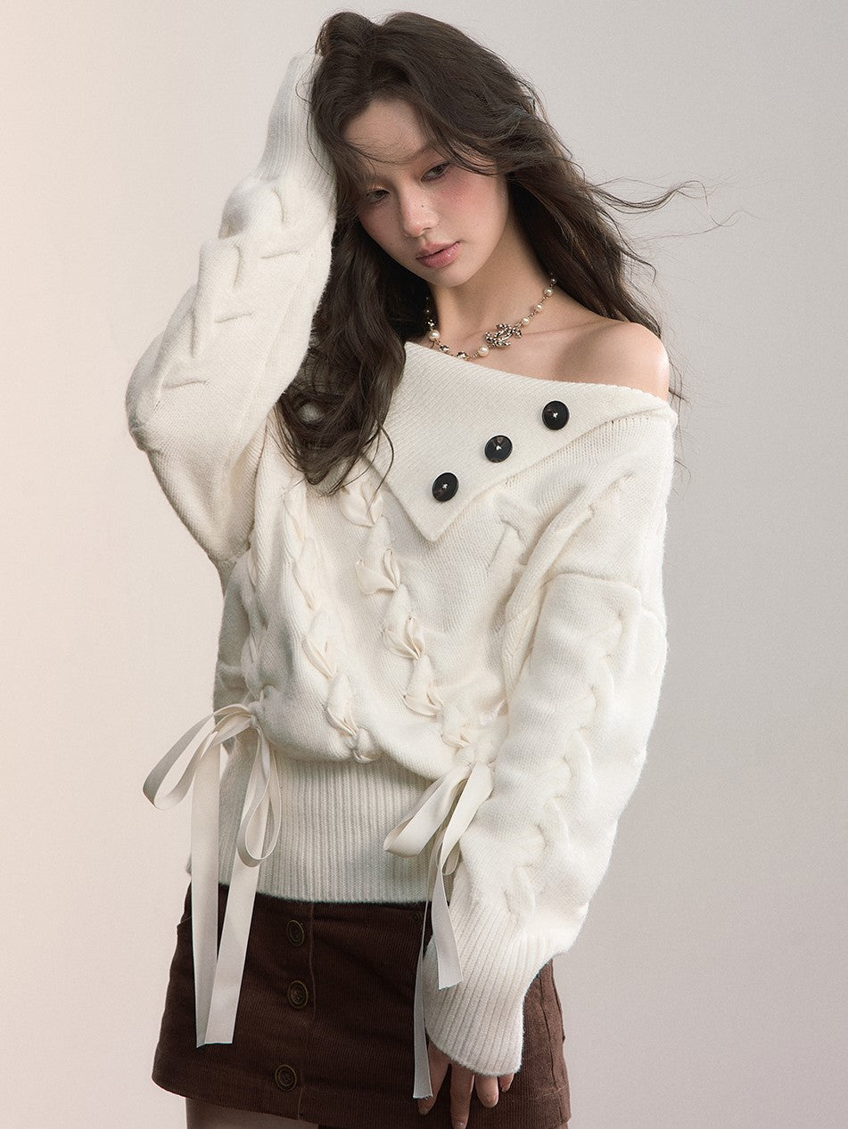 Off-Shoulder Cross-Weave Cable Sweater VIA0369