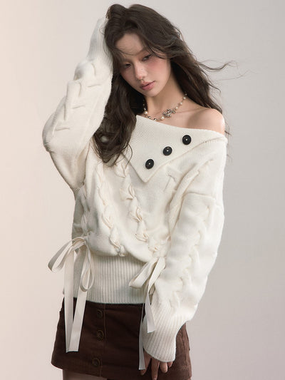 Off-Shoulder Cross-Weave Cable Sweater VIA0369