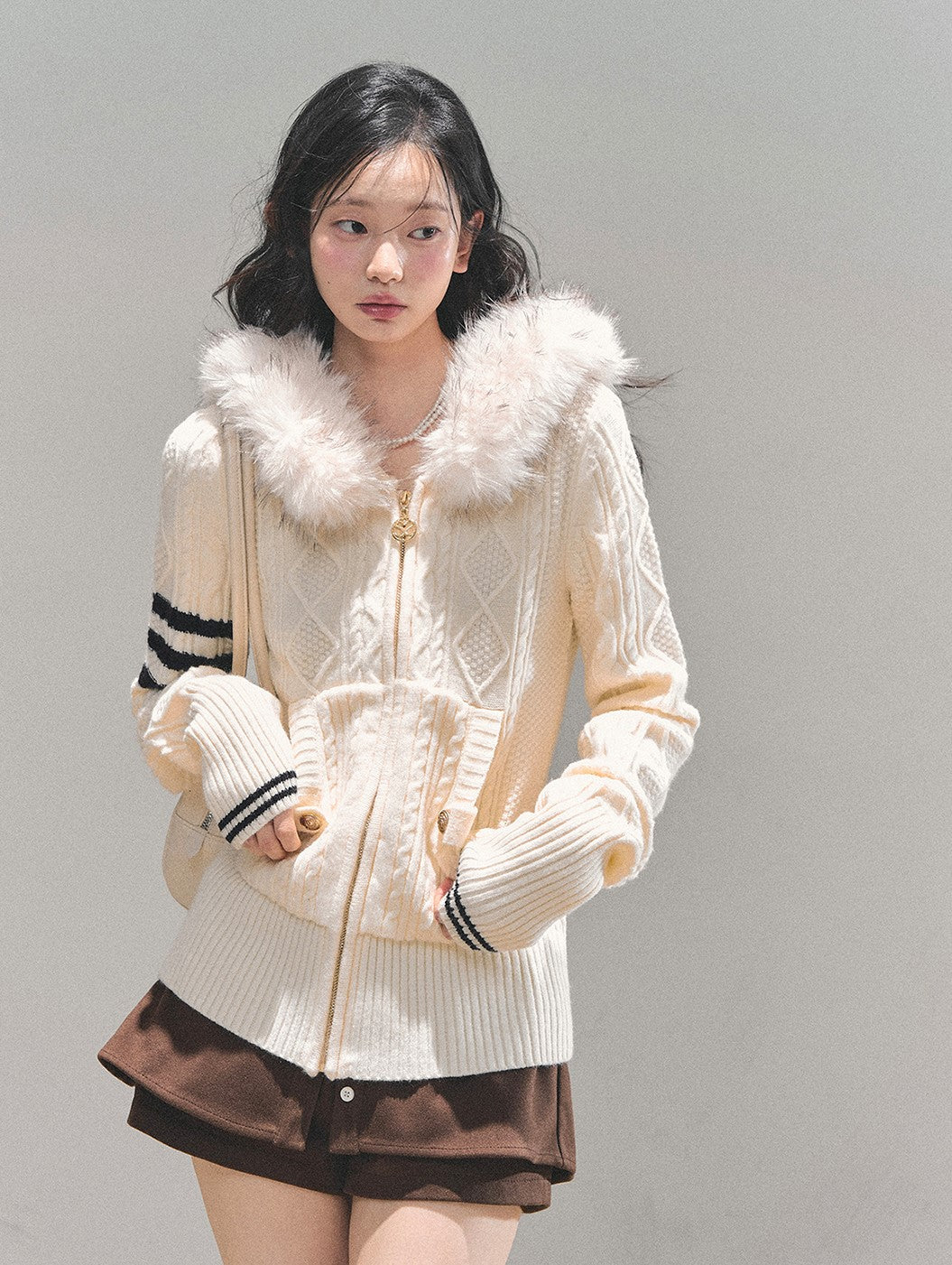 Fur Hooded Knit Cardigan DIA0705