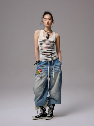 Irregular Hole Cat Print Sleeveless Top JIN0034