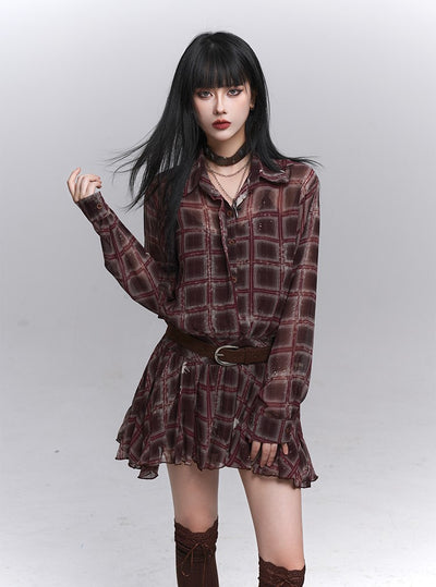 Red Brown Long-Sleeved Plaid Shirt Dress LAD0226
