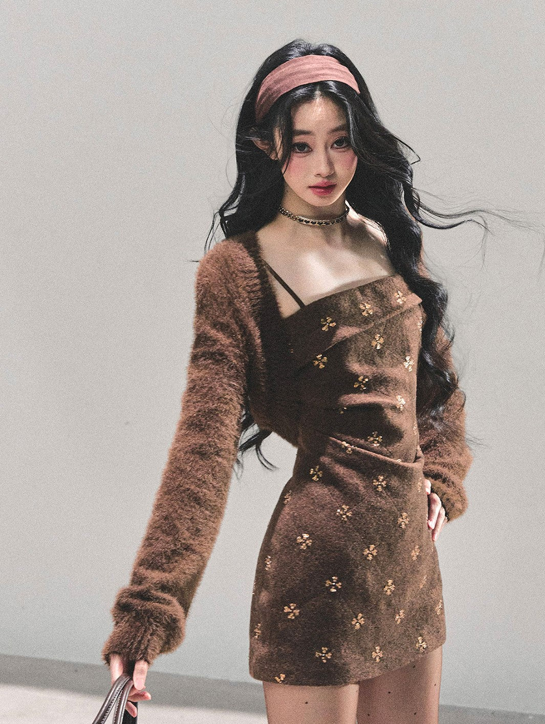 Brown French-style Camisole Dress/Short Cardigan DIA0660