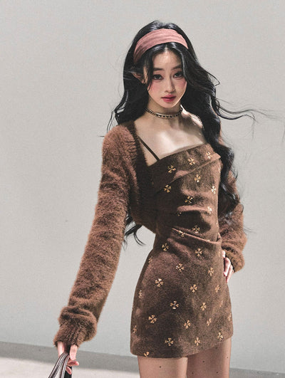 Brown French-style Camisole Dress/Short Cardigan DIA0660