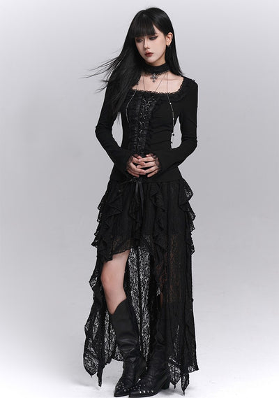 Black Long-Sleeved Lace Slim T-shirt LAD0248