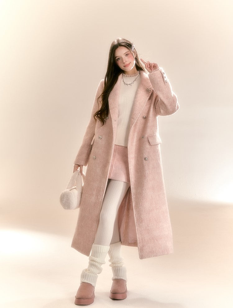 High-grade Mid-length Mist Powder Pink Woolen Long Coat QDQ0091