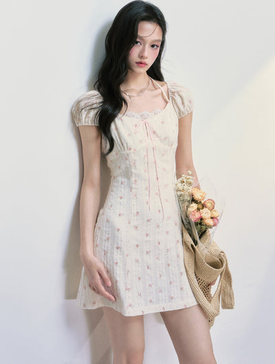 Floral Puff Sleeve Waist Dress FRA0395