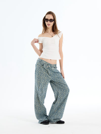 Floral Asymmetrical Layered Placket Jeans AOA0028