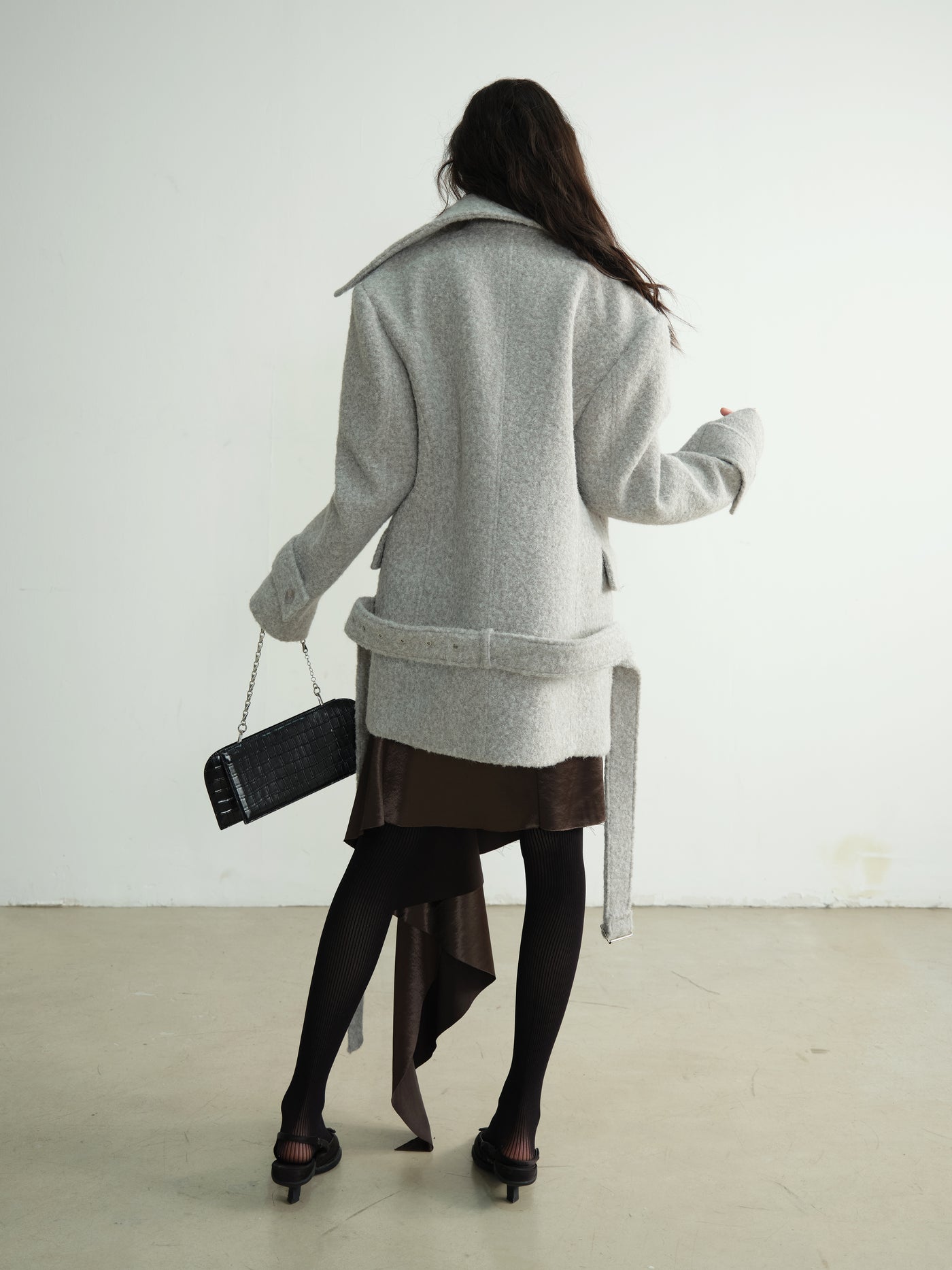 Large Stand-up Collar Gnderless Light Gray Woolen Coat JNY0185