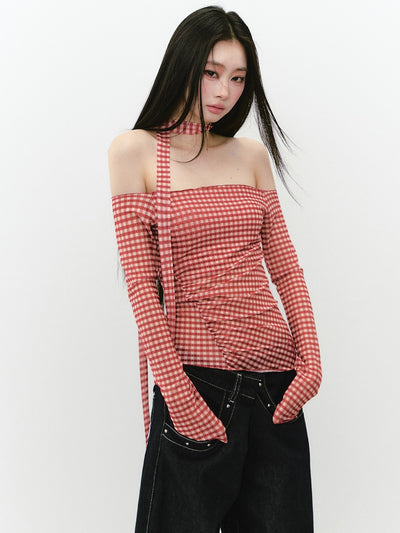 Plaid Mesh Long-sleeved T-shirt VIA0263