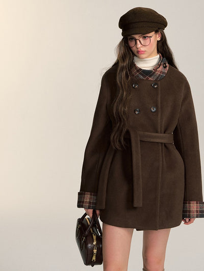 Retro Double-breasted Mid-length Coffee-colored Woolen Coat QDQ0085