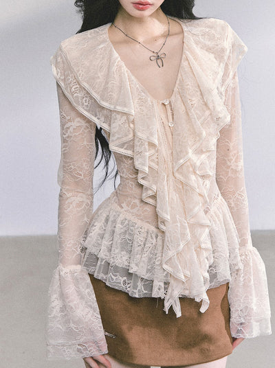 Lace Hollow Ruffled Long Sleeve Shirt DIA0588