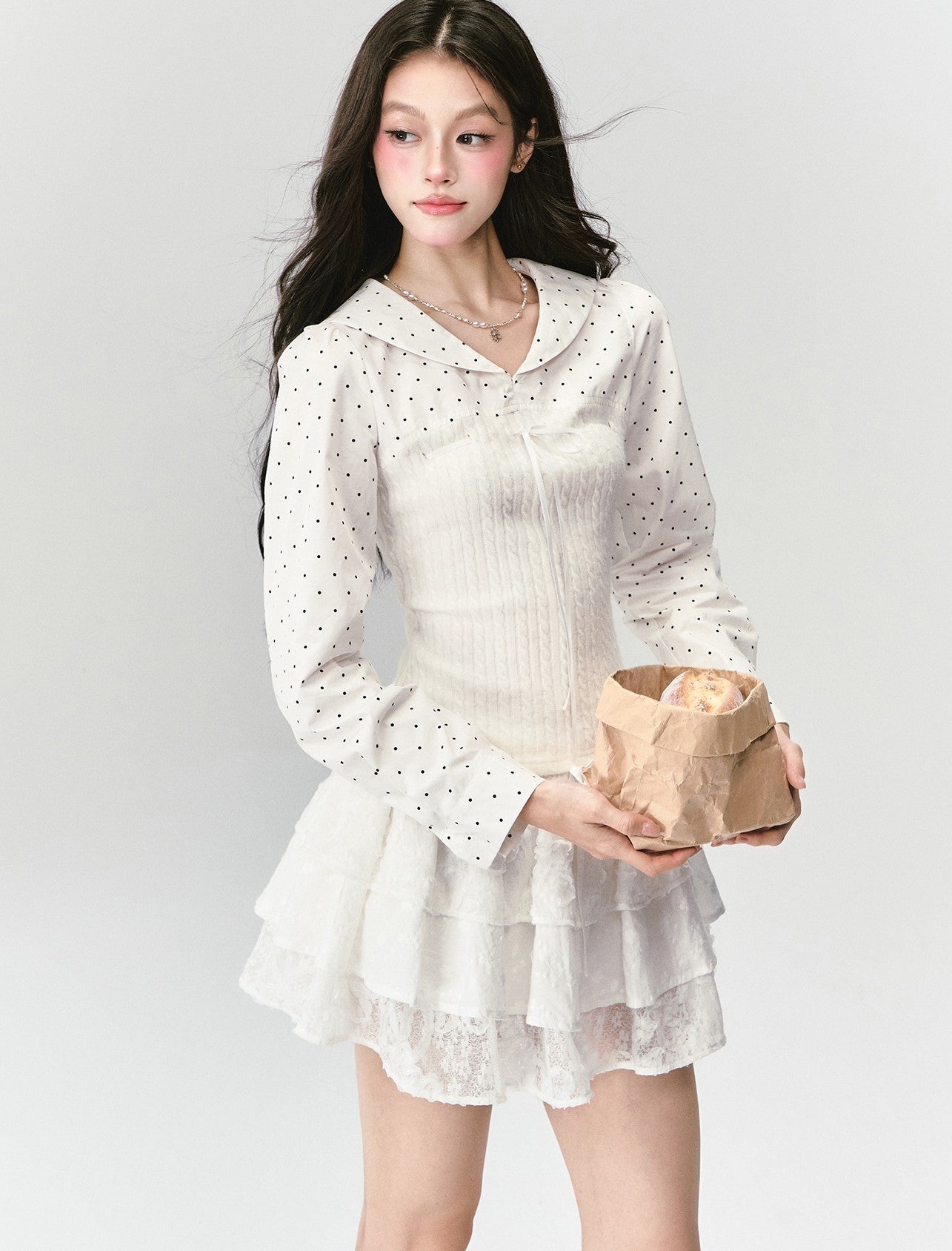 Polka Dot Navy Collar Splicing Shirt FRA0425