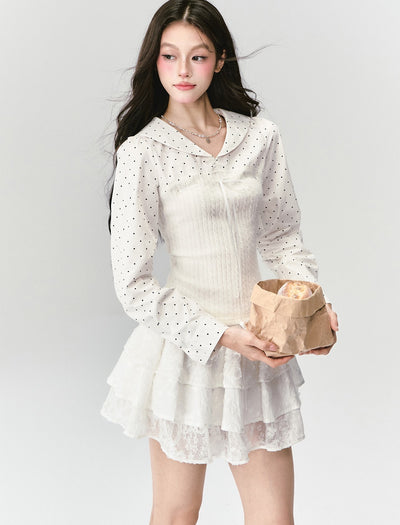 Polka Dot Navy Collar Splicing Shirt FRA0425
