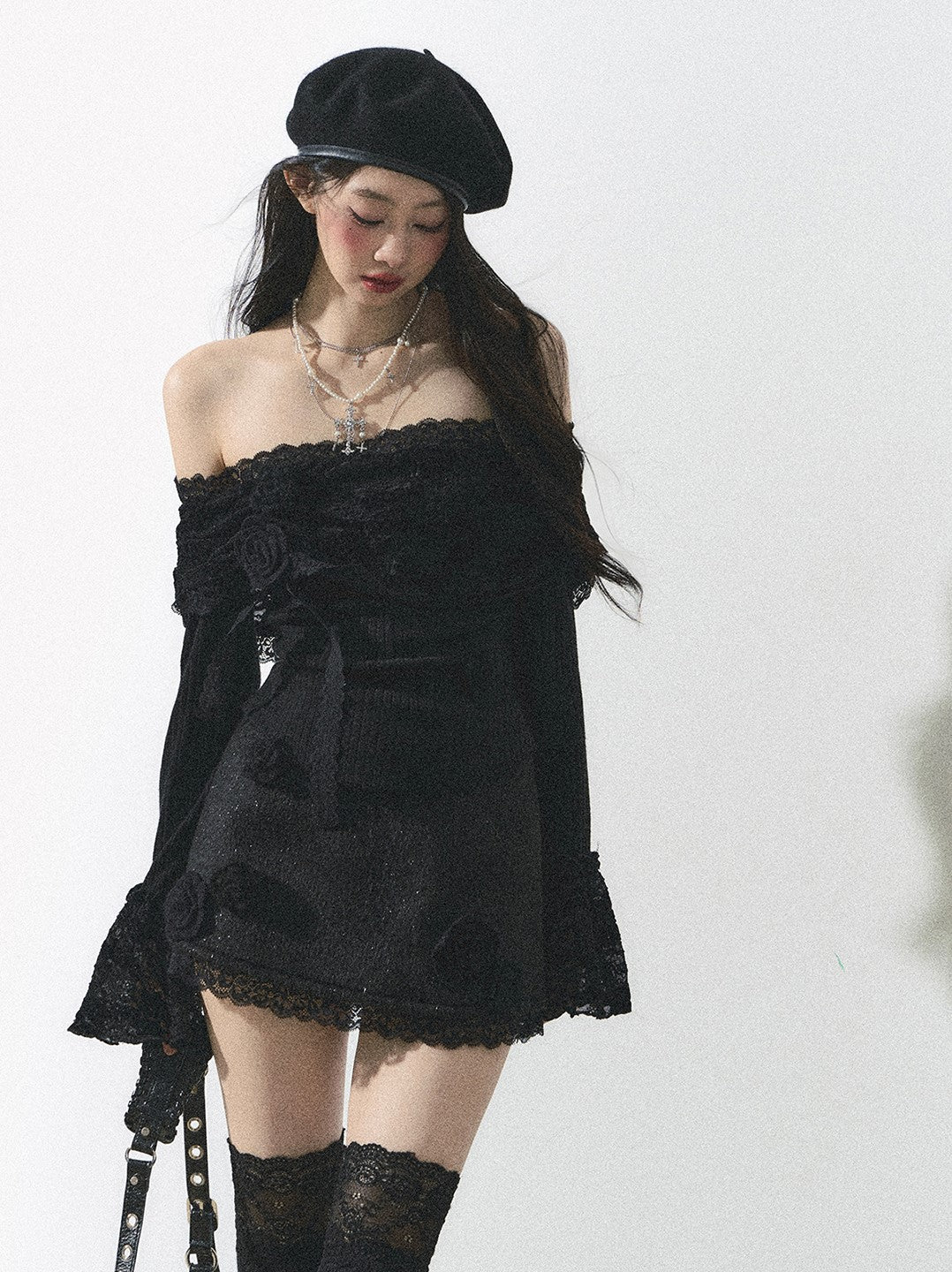 Swan Lake One Shoulder Lace Long Sleeve Shirt DIA0252