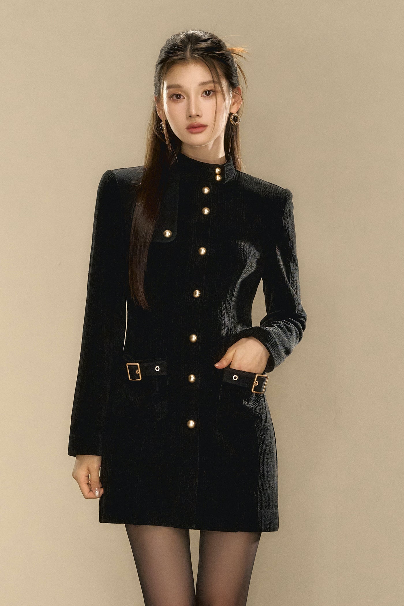 Star Black Stand-up Collar Waist Gold Buckle A-line Dress OSH0104