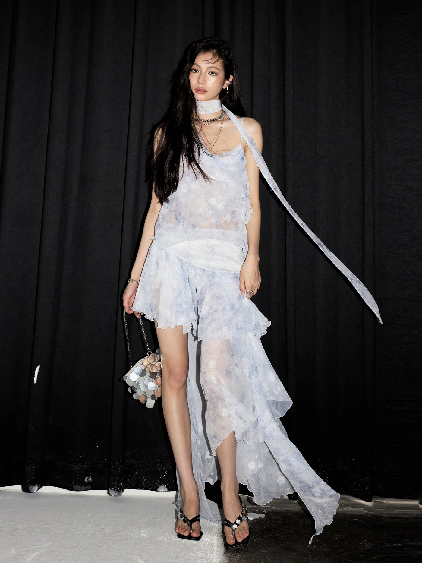 Water Blue Irregular Suspender Dress JNY0229
