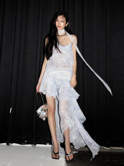 Water Blue Irregular Suspender Dress JNY0229
