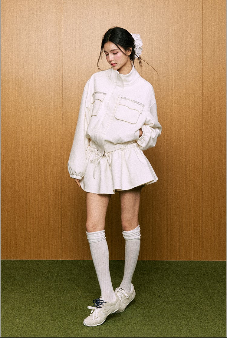 White Suede High-grade Jacket/Lace Puffy Skirt AGM0078