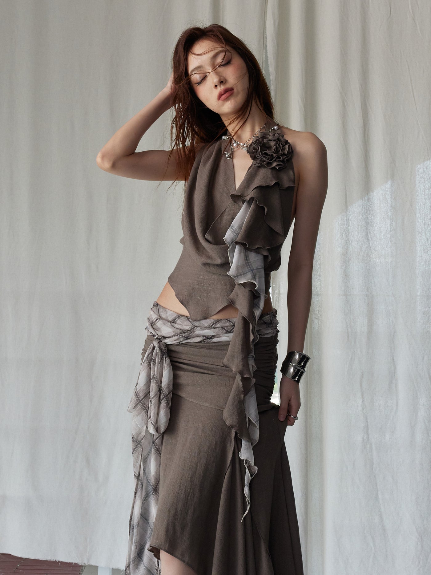 Splicing Irregular Swing Halter Neck Top/Skirt JNY0243